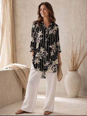 Reitmans Black Floral Button-Front Tunic with Cream and Pale Yellow Blooms